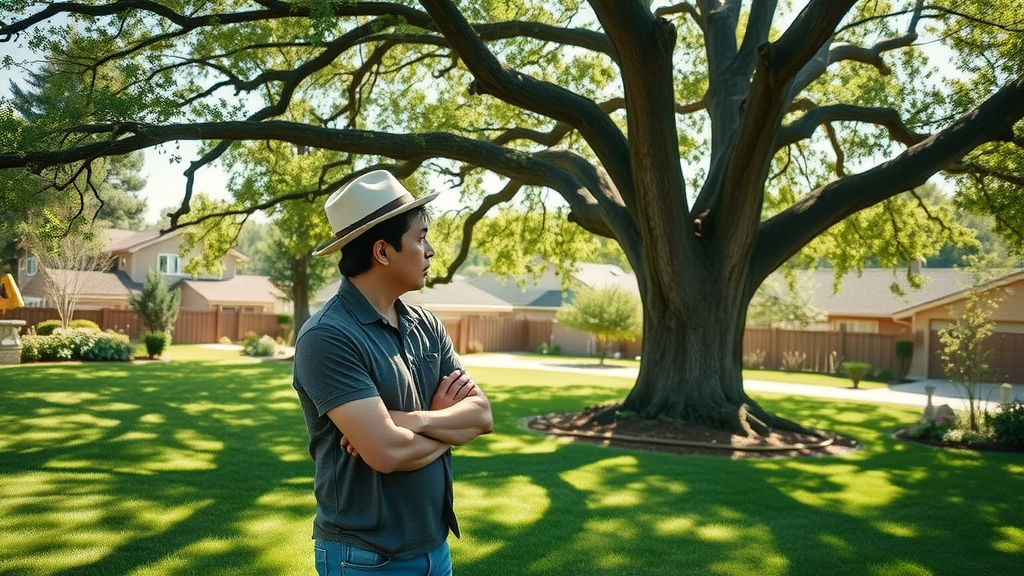 tree removal suburban backyard homeowner assessing large oak tree, lush grass, daylit, homes in background