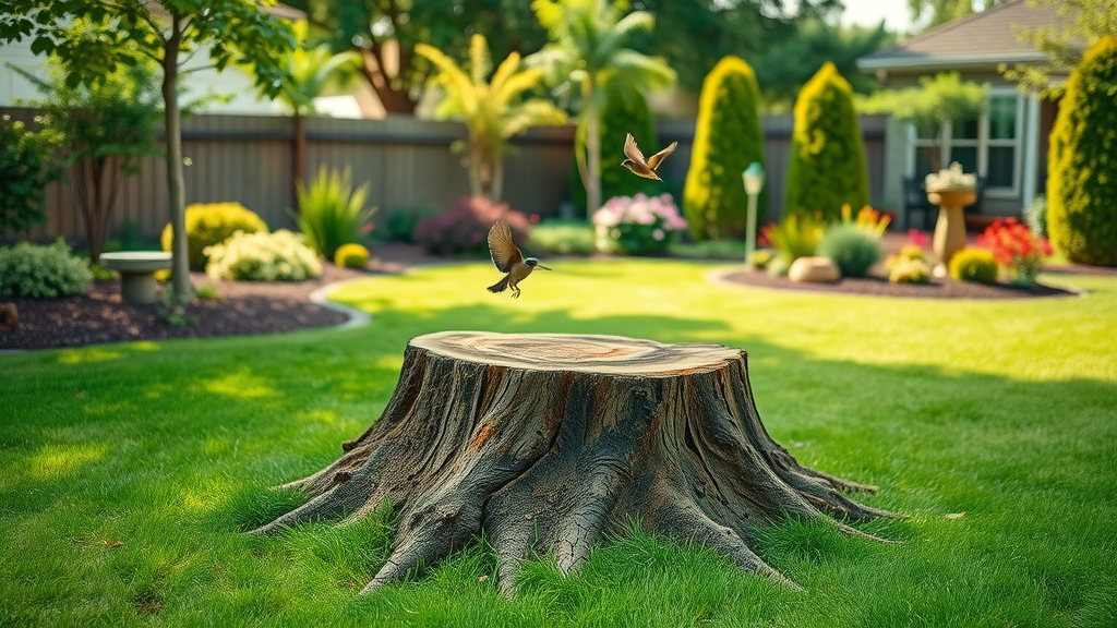 lush residential backyard with freshly ground tree stump area vibrant greenery clean yard after stump grinding