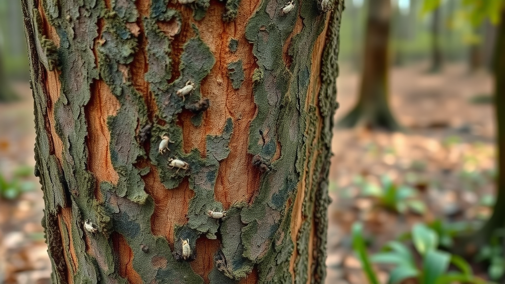 Closeup view of tree bark with visible pest infestation signs, illustrating proactive pest and disease tree maintenance tips