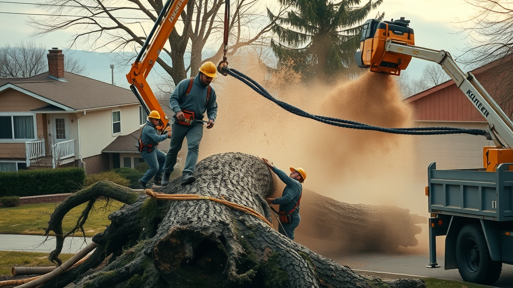Tree removal service crew using cranes chainsaws emergency tree removal safety
