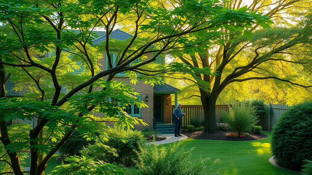 amateur gardener examining branches in lush green garden during tree growth and pruning seasons
