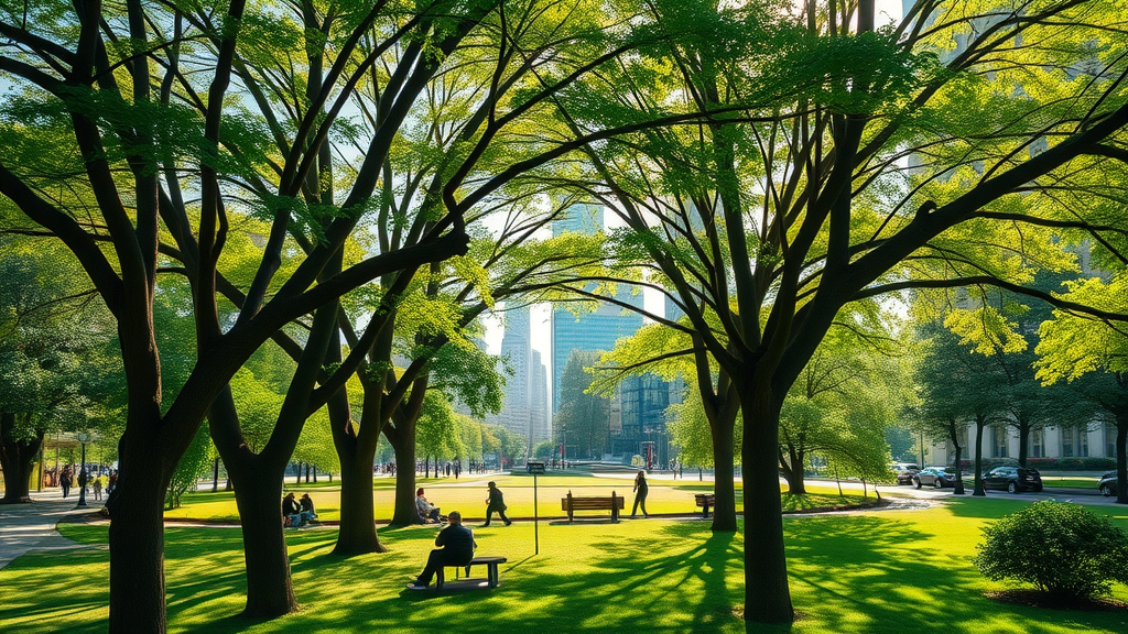 tree pruning techniques lush urban landscape, healthy mature trees thriving in a city park, natural daylight