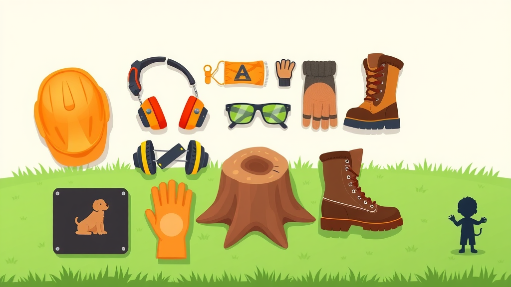 stump grinding safety gear helmet goggles gloves boots illustration child and pet safety lawn background