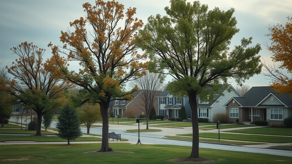 dramatic suburban landscape with several trees visibly damaged by pests, somber mood, trees showing leaf discoloration and visible pest activity, background of neatly kept houses and lawns
