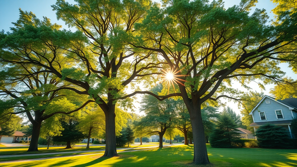 Vibrant healthy summer trees with robust canopies under clear sky, representing summer tree disease prevention