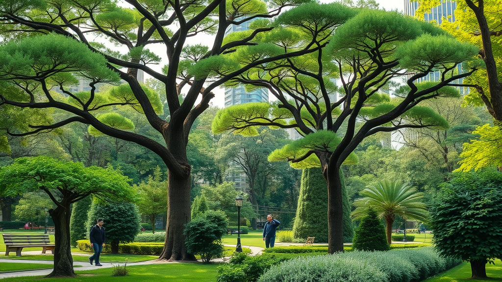 Healthy mature trees and shrubs maintained by arborist services in a lush urban park