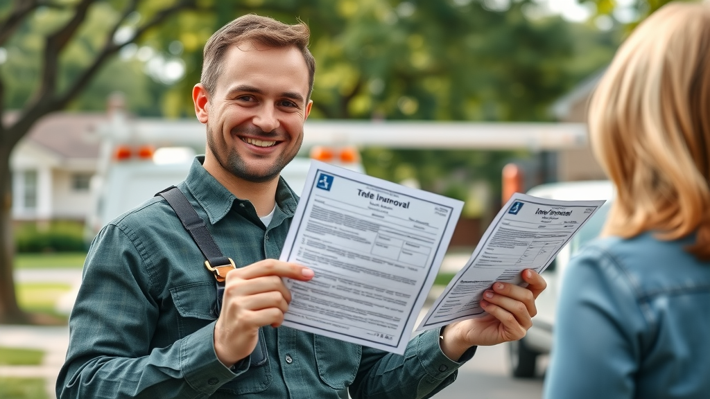 tree removal pro showing insurance papers, trade licenses, suburban background, service truck, lifelike detail