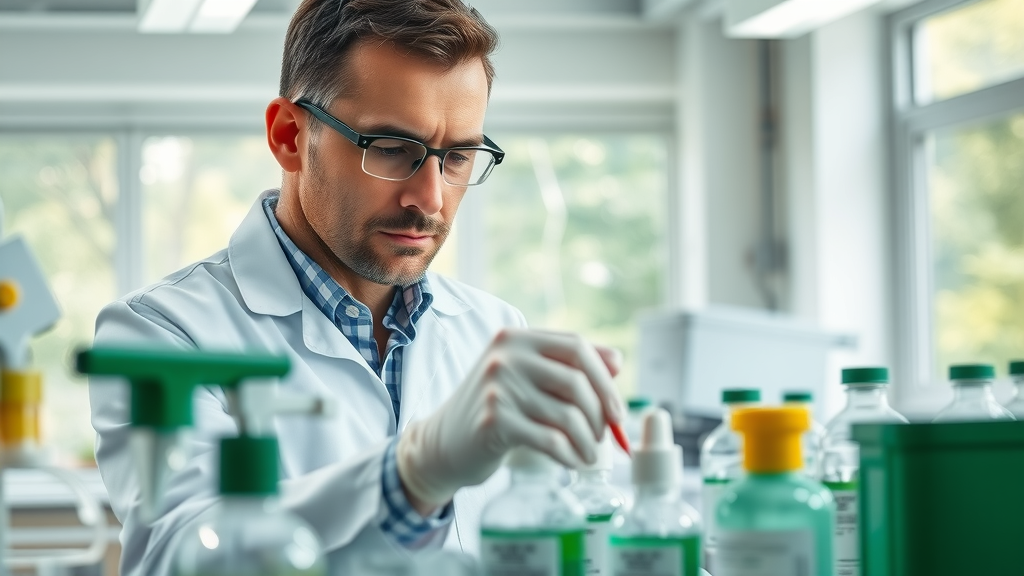certified arborist preparing tree pest control solutions in a modern laboratory, focused expression with professional lab equipment and greenery visible through windows