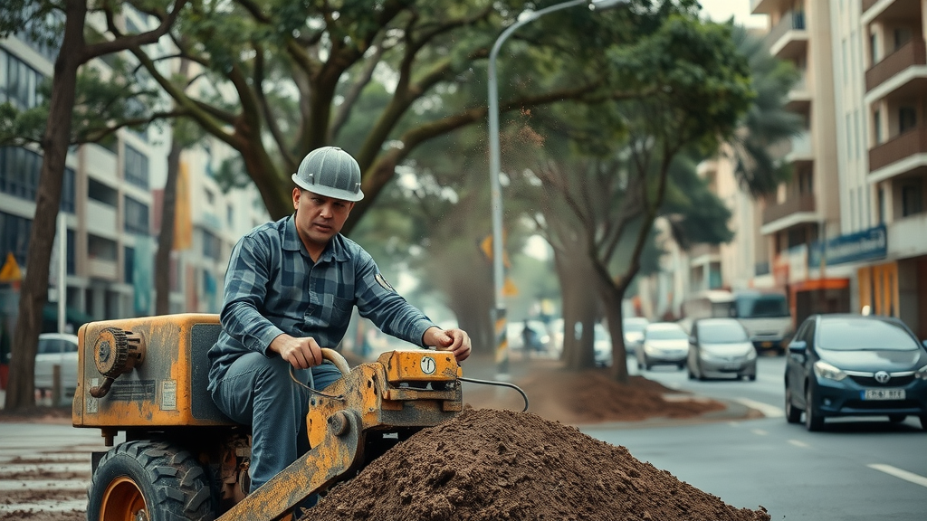 Urban construction site showing soil compaction and mature trees at risk of stress
