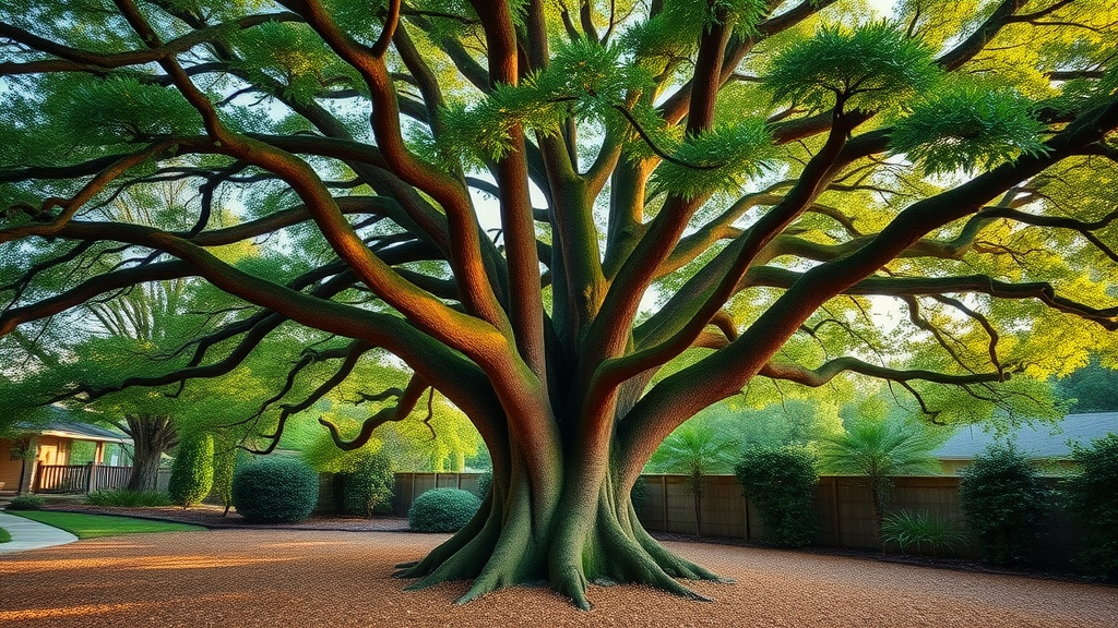 Majestic live oak tree casting a broad shade, thick trunk, lush green foliage, spreading canopy, Photorealistic High Fidelity Lifelike, residential backyard with dry mulch base, highly detailed, leaves gently shifting, intricate bark texture, deep greens and browns, late afternoon soft lighting, shot with a wide-angle lens.