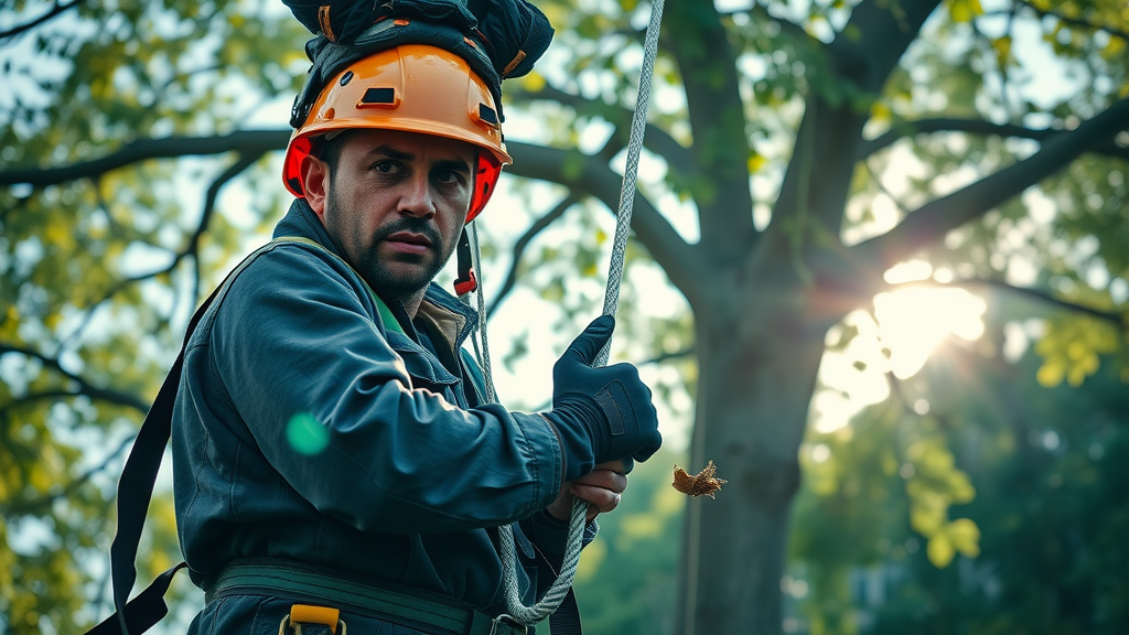certified arborist pruning large tree safely with harness and helmet