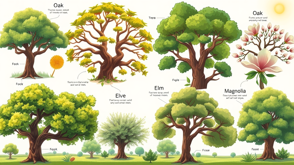 informative illustration of oak, elm, magnolia trees with species-specific summer pruning guidance