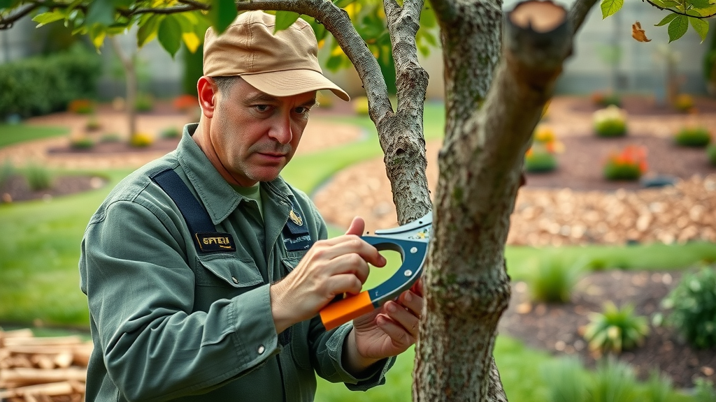 Arborist providing tree care by inspecting and pruning dead wood from stressed tree in garden
