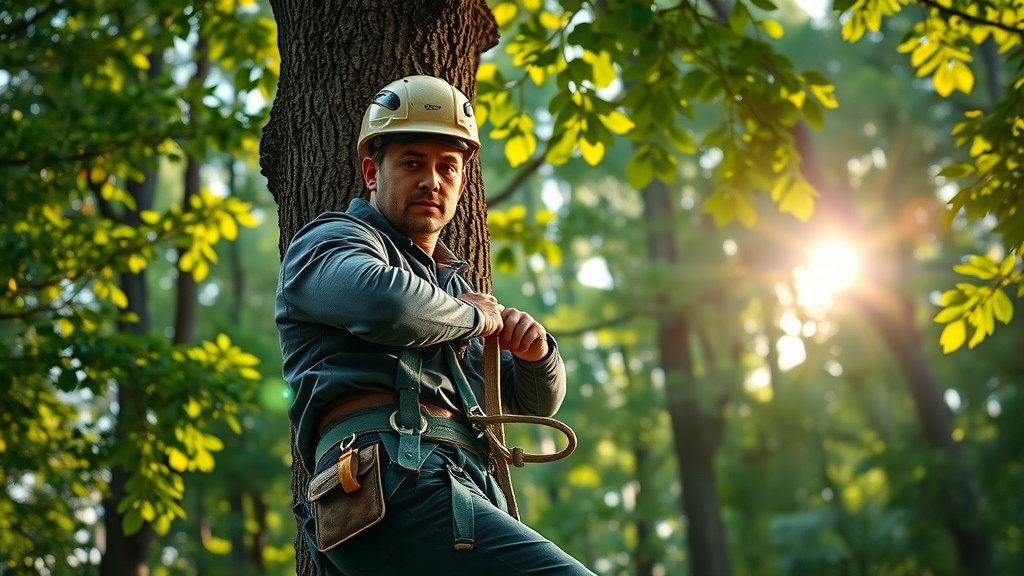 skilled arborist ascending tall tree with harness and ropes in a forest park