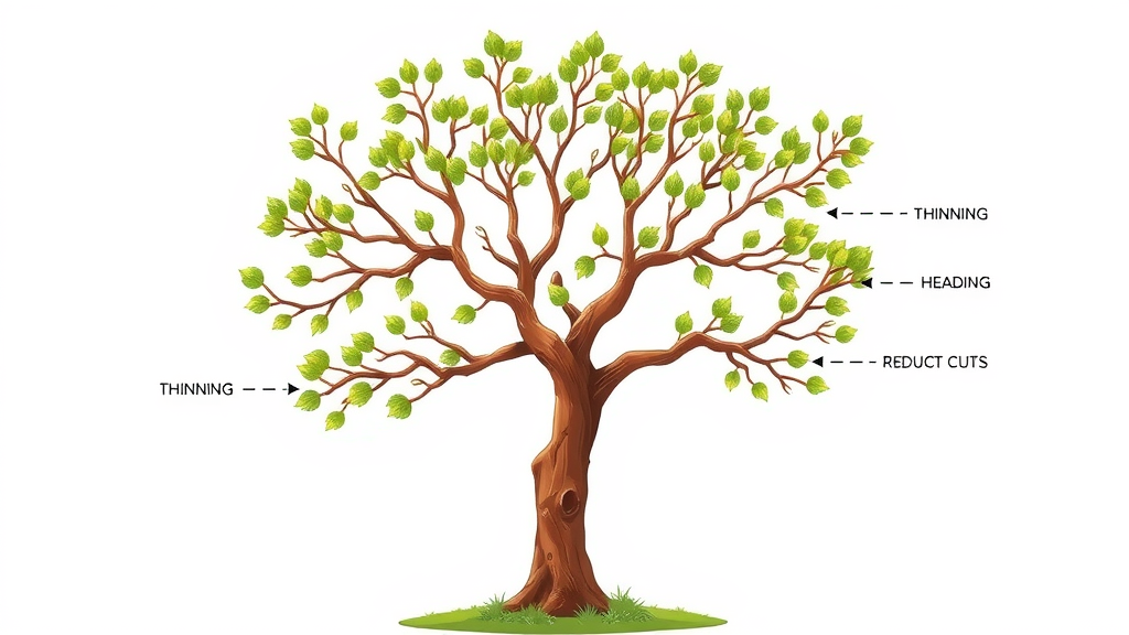 tree pruning techniques diagram showing thinning, heading, and reduction cuts on a tree illustration