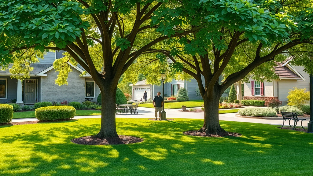 Lush suburban front yard with mature trees and healthy green foliage, landscape tree care in action, enhancing lawn and curb appeal, trimmed grass, colorful flowerbeds, residential neighborhood, photorealistic, ultra-sharp morning sunlight, wide-angle view.