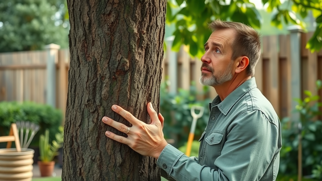 dedicated tree expert consulting arborist inspecting mature tree trunk in residential setting
