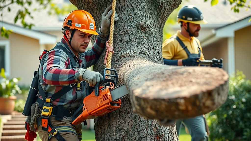 professional hazardous tree removal team safety harness chainsaw suburban yard