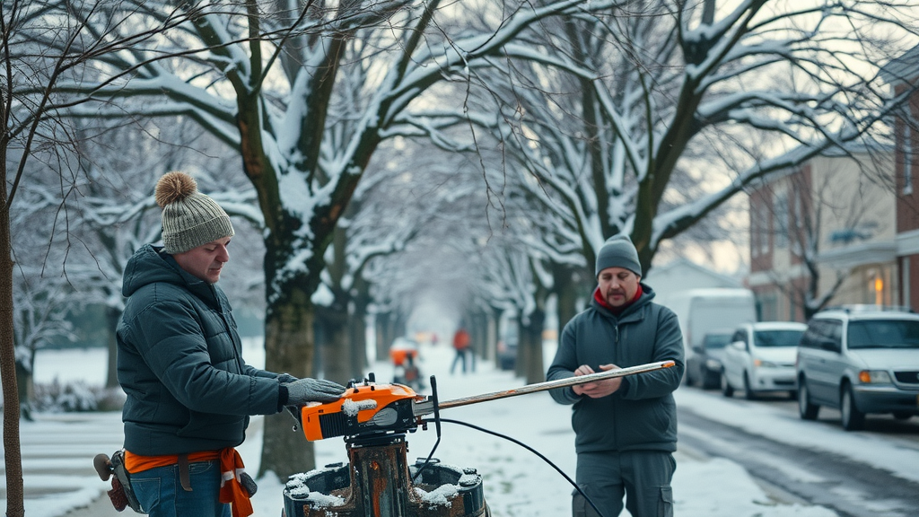 tree removal services crew prepping equipment for tree removal on snow-covered suburban street in winter