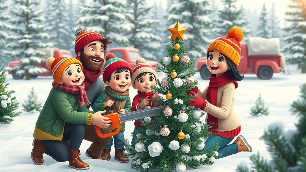 christmas tree felling joyful family snow forest safety saws bundled pine