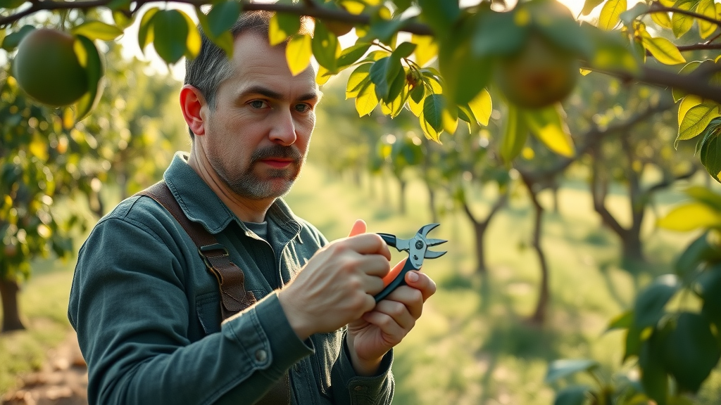 certified arborist conducting summer tree pruning on fruit trees