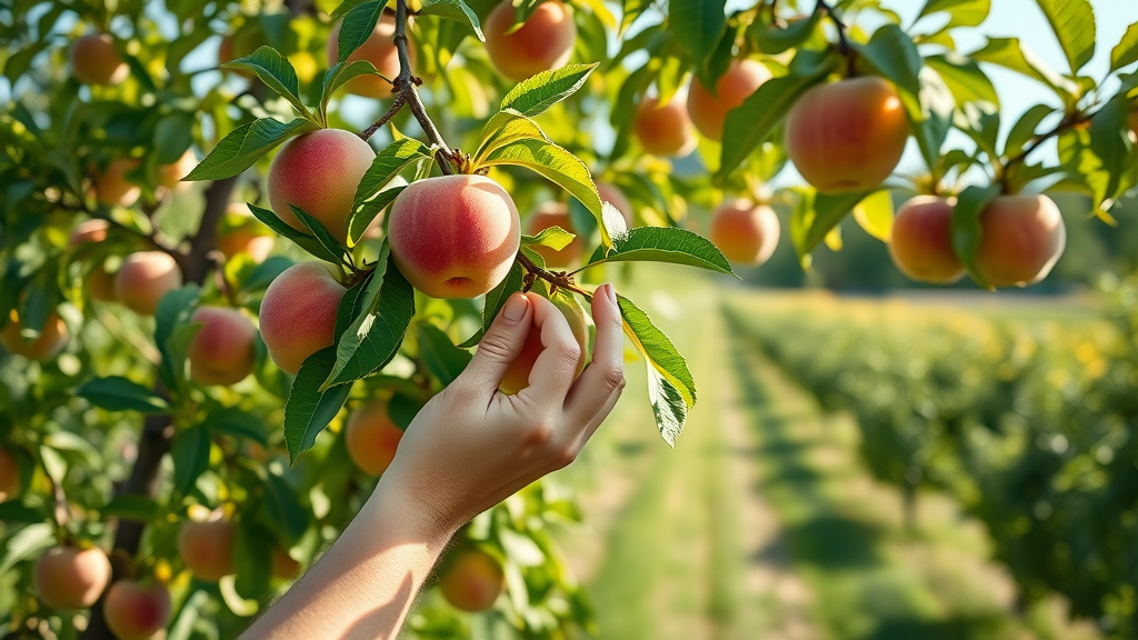 fruit trees: abundant apple tree with trimmed branches and developing fruit, orchard scene