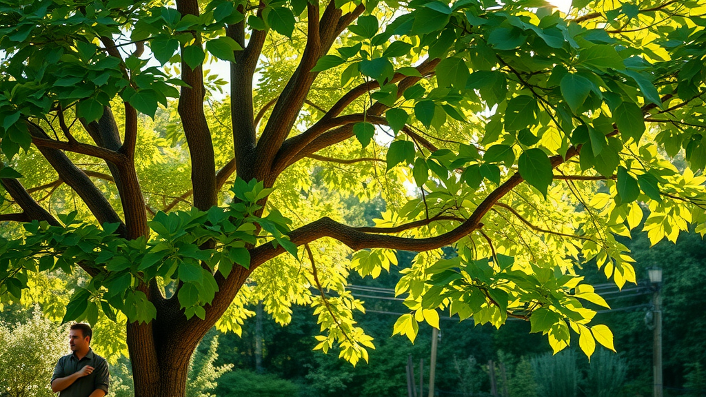 tree pruning in summer: mature shade tree with freshly pruned branches, arborist examining branch, healthy summer foliage