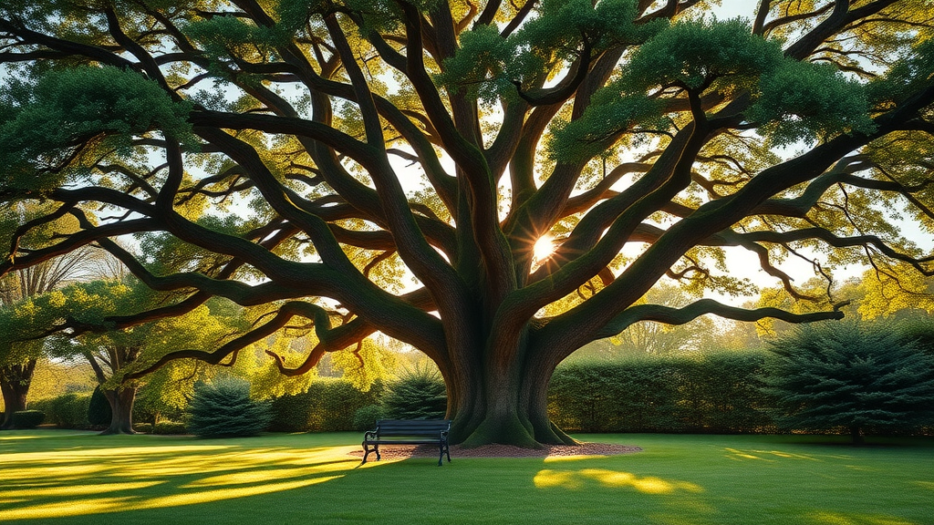 majestic mature oak tree, sturdy limbs after recent pruning, open canopy, mature trees, garden bench, golden hour light, summer tree pruning techniques