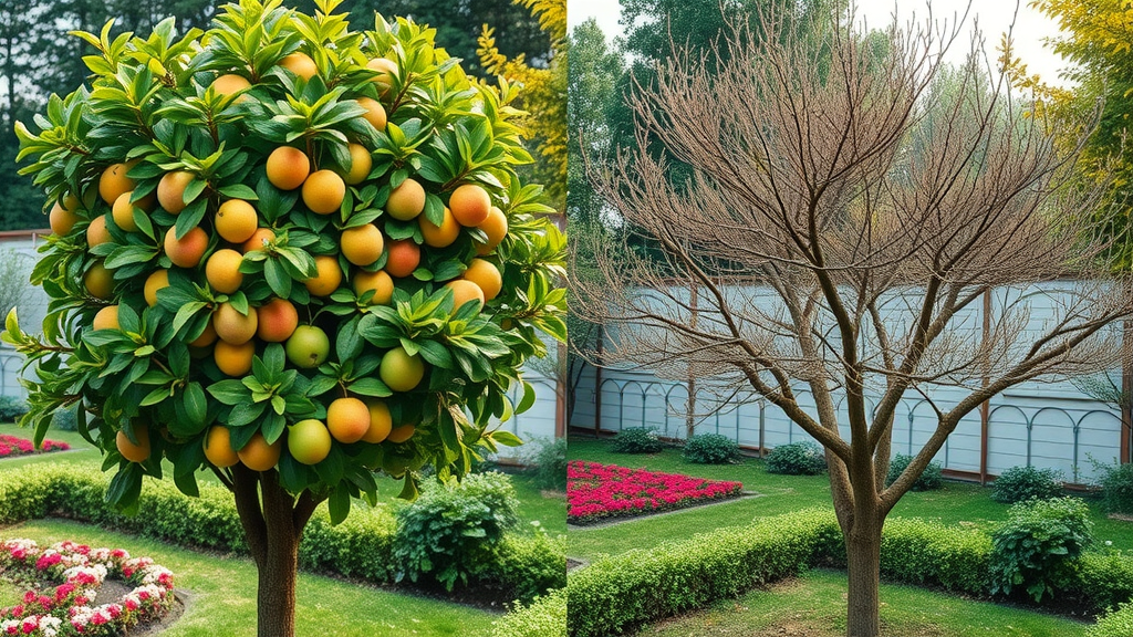 Healthy fruit tree next to over-pruned, damaged tree, illustrating proper vs. improper summer pruning for tree health