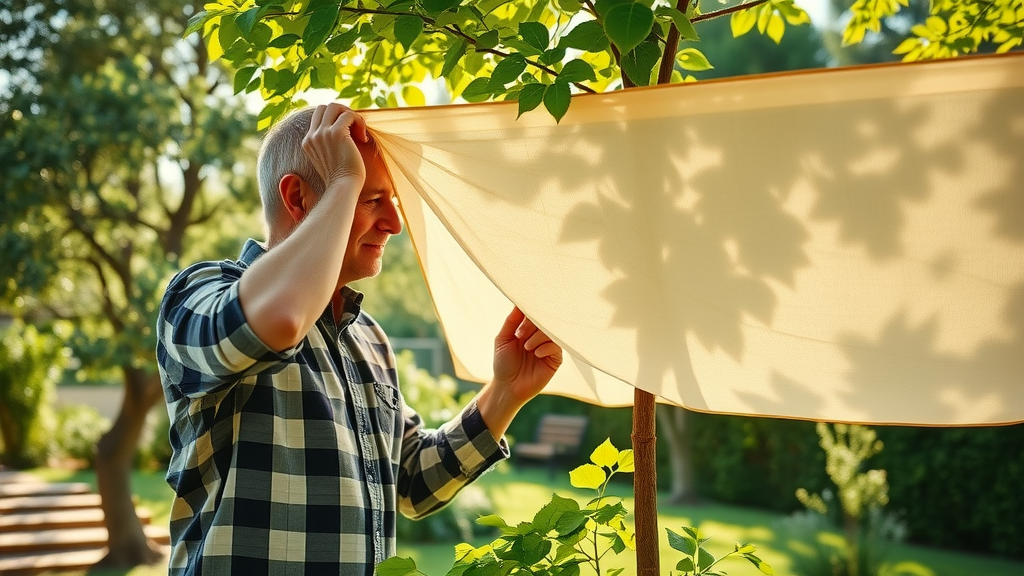 homeowner setting up a shade cloth barrier over a young tree, thoughtful and careful, gently adjusting the fabric, Photorealistic High Fidelity Lifelike, background of sunlit yard with other shaded and unshaded trees, highly detailed, shade cloth fluttering in a light breeze, vivid summer colors, dappled sunlight, shot with a 24mm lens.