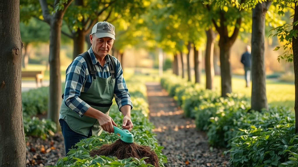 Orderly gardener maintaining trees with seasonal care checklist, proper tree maintenance tips in action