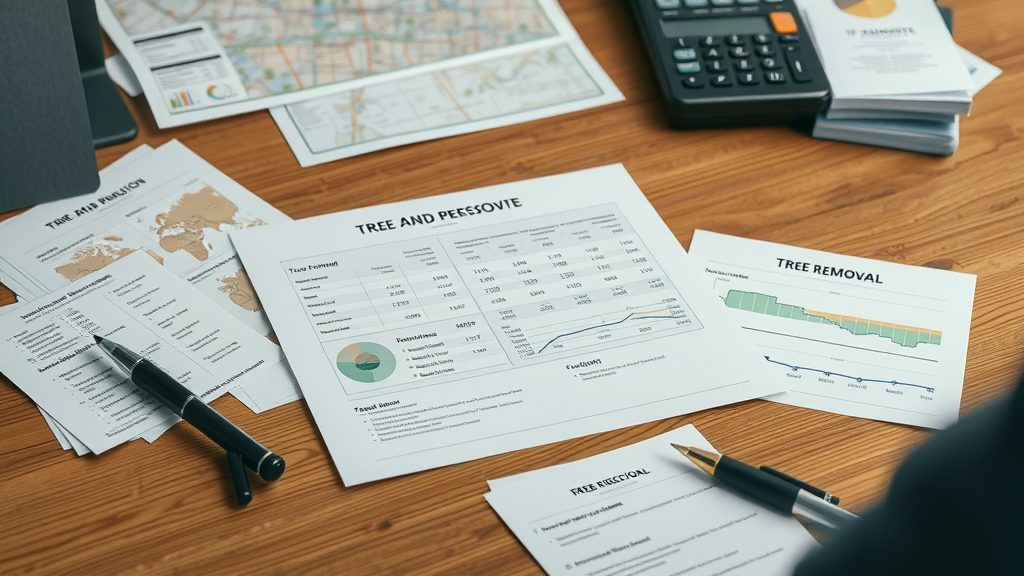 tree removal cost, financial breakdown documents, calculator and city map on desk