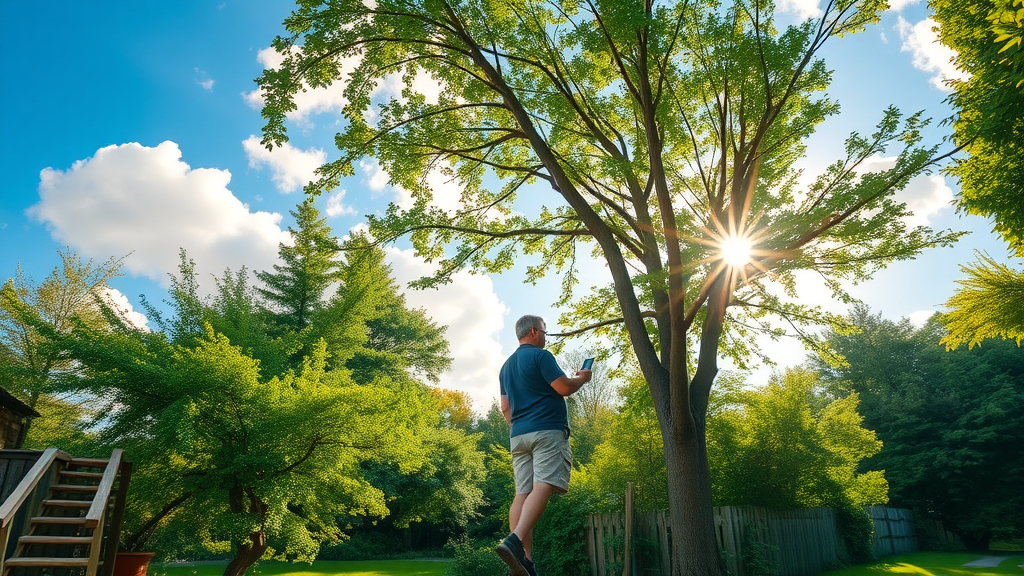 homeowner consulting weather app before summer tree pruning with healthy trees in lush back garden