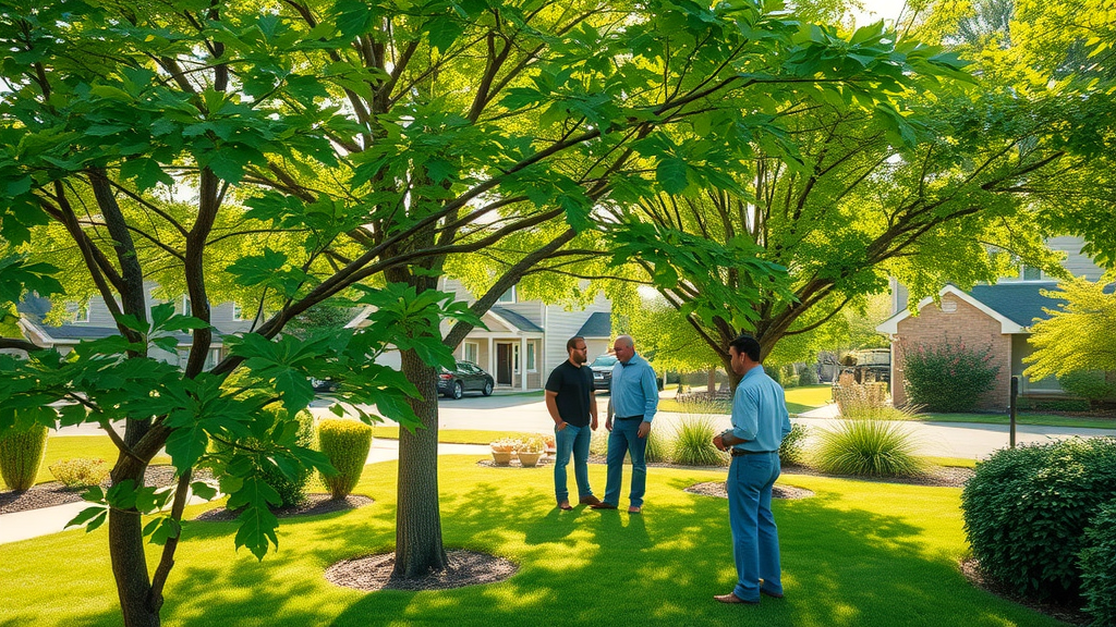 lush residential yard with healthy, vibrant green trees, people calmly checking trees for signs of stress, Photorealistic High Fidelity Lifelike, suburban background with well-kept lawn and gardens, highly detailed, leaves gently rustling in a summer breeze, sharp focus, vivid colors, natural afternoon sunlight, shot with a 35mm lens.