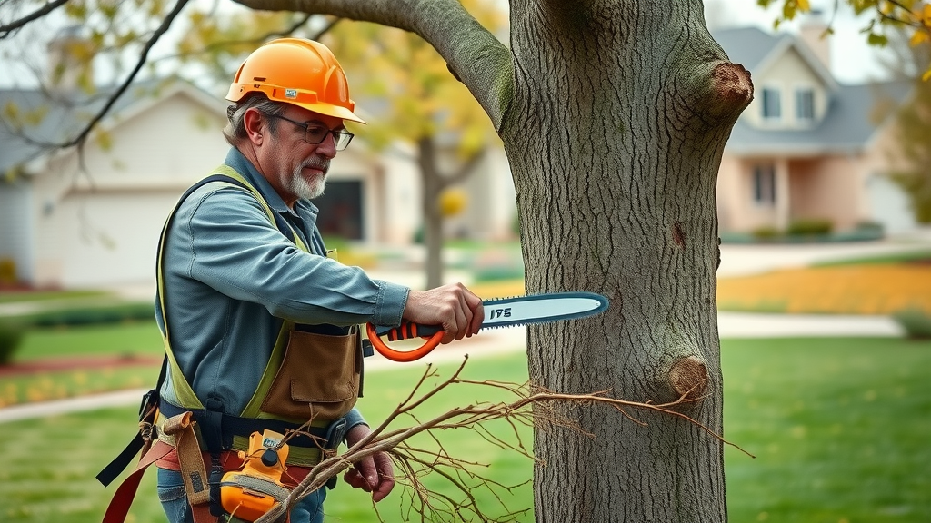 arborist pruning tall deciduous tree during tree growth and pruning seasons with professional tools
