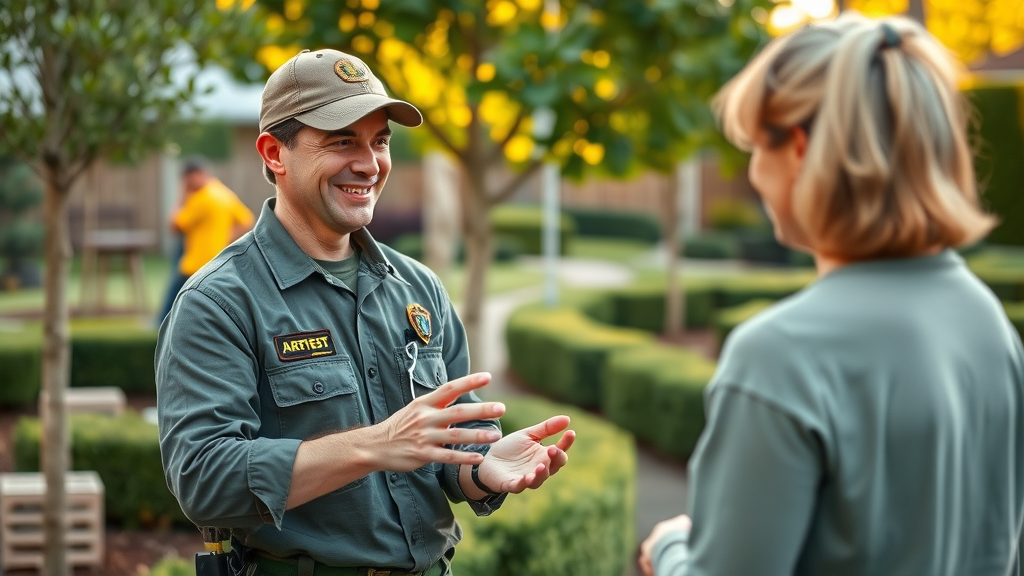 Certified arborist consulting with homeowner in landscaped yard - tree service