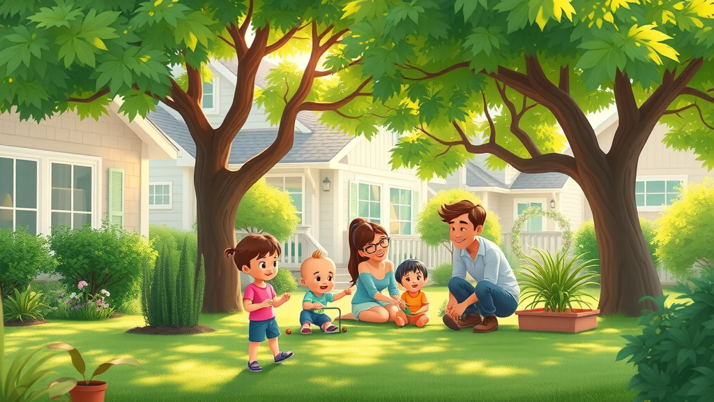 Happy family enjoying the shade of healthy trees in a well-kept suburban backyard