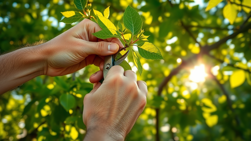 tree pruning hands making a clean cut on summer branch summer pruning safety tips healthy leaves