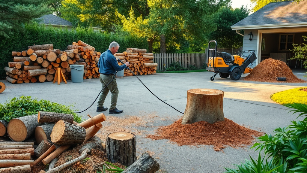 post-tree cutting recycling logs wood debris stump grinder organized driveway