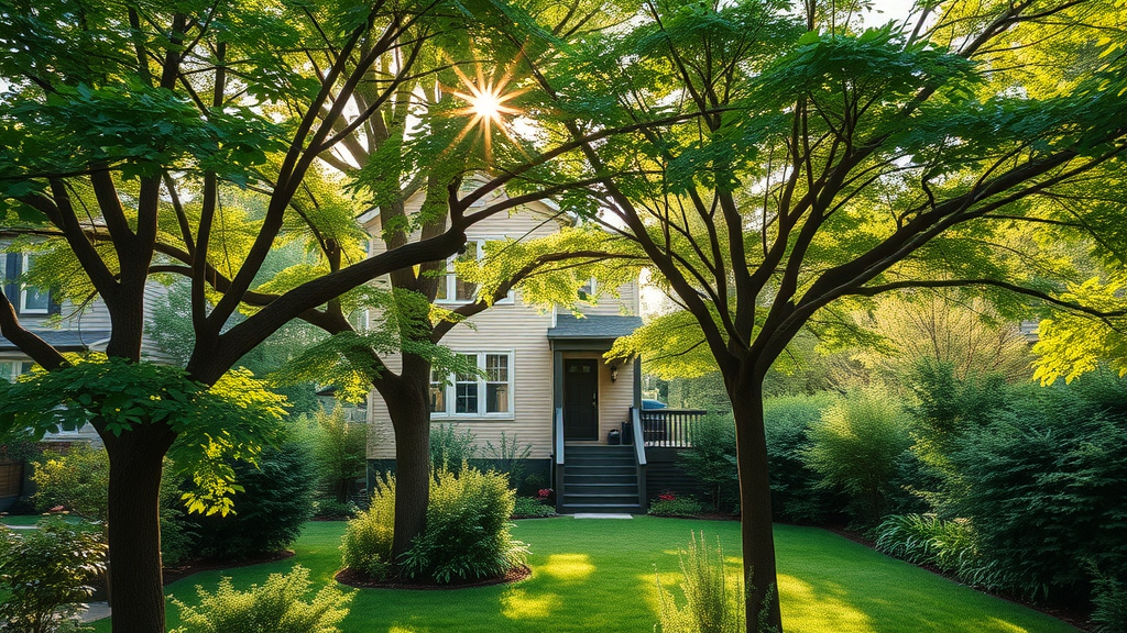 lush urban garden with healthy trees, summer tree pruning in progress, sunlight dappling through foliage, healthy tree growth, photorealistic tranquil backyard