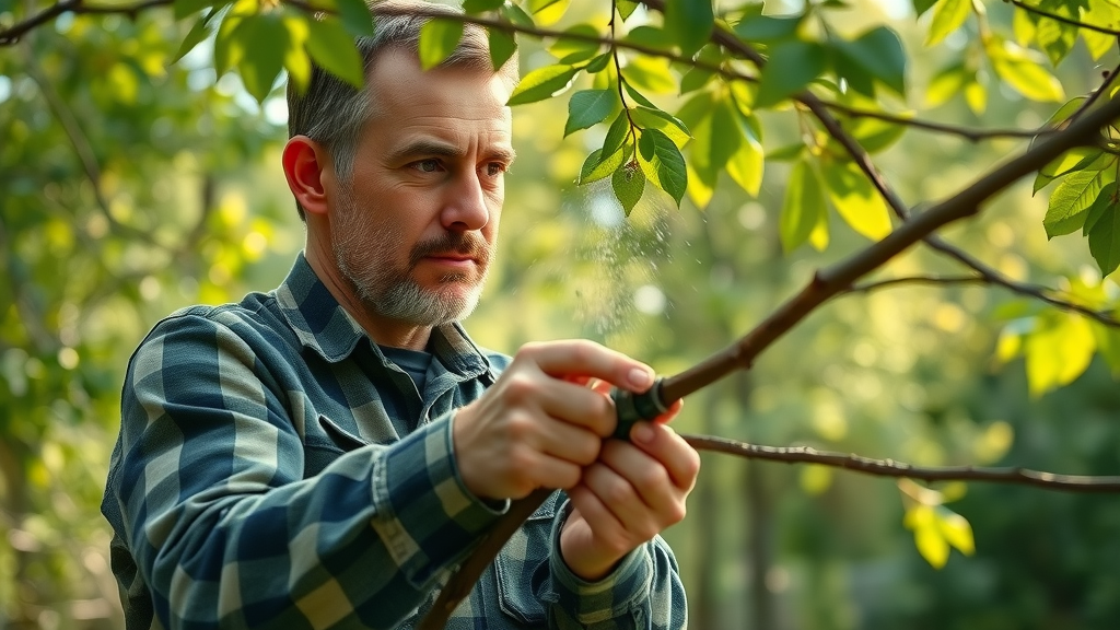tree pruning techniques arborist carefully making a pruning cut on a tree branch in a lush backyard