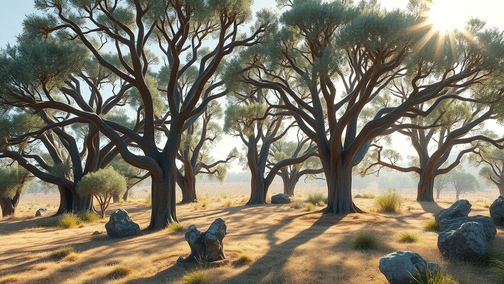 Grove of mature eucalyptus trees in a sunlit arid landscape, silvery-green leaves and peeling bark, faint aromatic mist, Photorealistic High Fidelity Lifelike, dry grassy hillside with wildflowers and rocks, highly detailed, leaves rustling in breeze, silver and green hues, crisp morning light, shot with a telephoto lens.