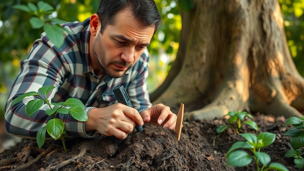 gardener using soil testing kit around tree roots, focused and attentive expression, gently probing ground, Photorealistic High Fidelity Lifelike, leafy garden background with visible tree trunk and soil layers, highly detailed, subtle movement of leaves, earth tones, morning sunlight, shot with a macro lens.