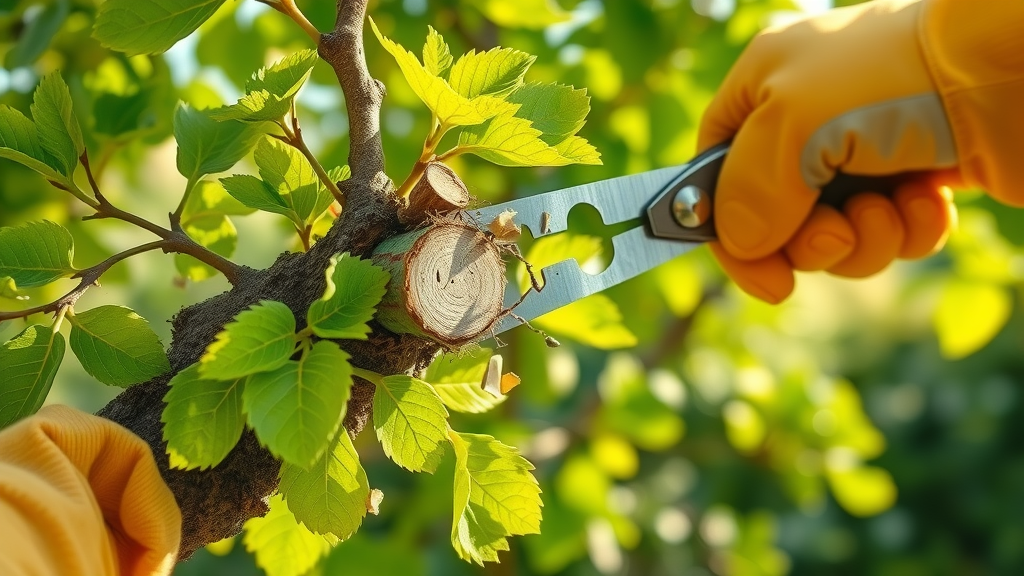 summer tree pruning: close-up of tree branch being pruned, gloved hand with pruning shears, fresh cut wood, vibrant green leaves