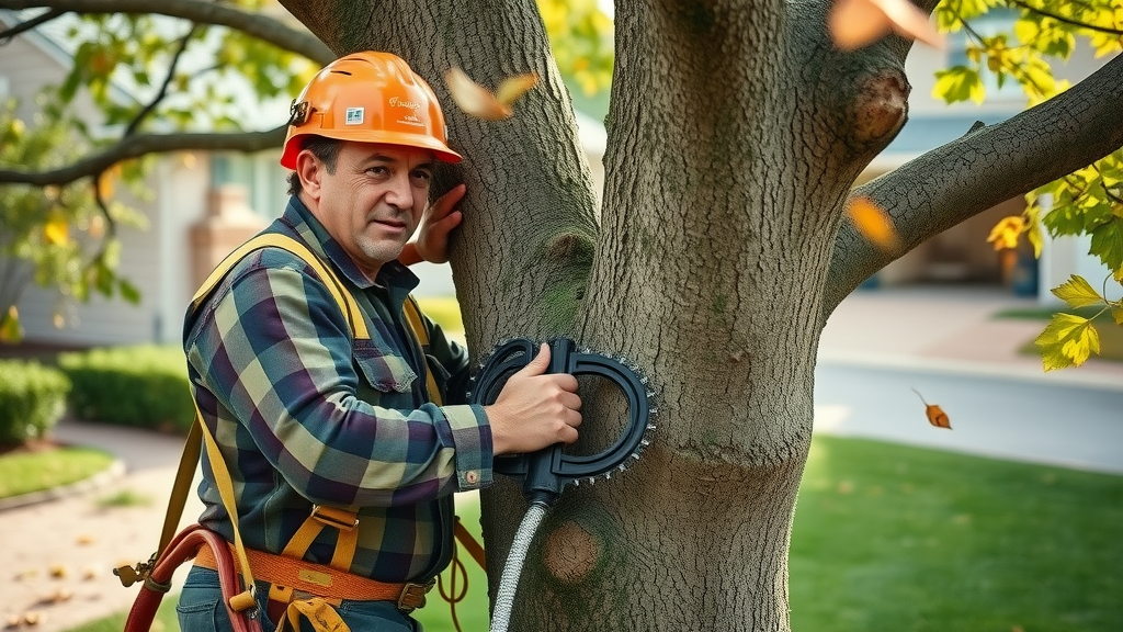 professional arborist trimming large oak tree residential tree service with safety gear