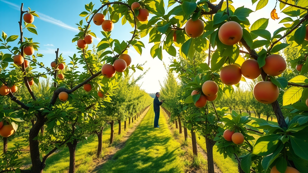 Lush orchard with sunlit fruit trees, vibrant and healthy, gardeners carefully pruning branches. Main Keyword: best time for summer pruning.