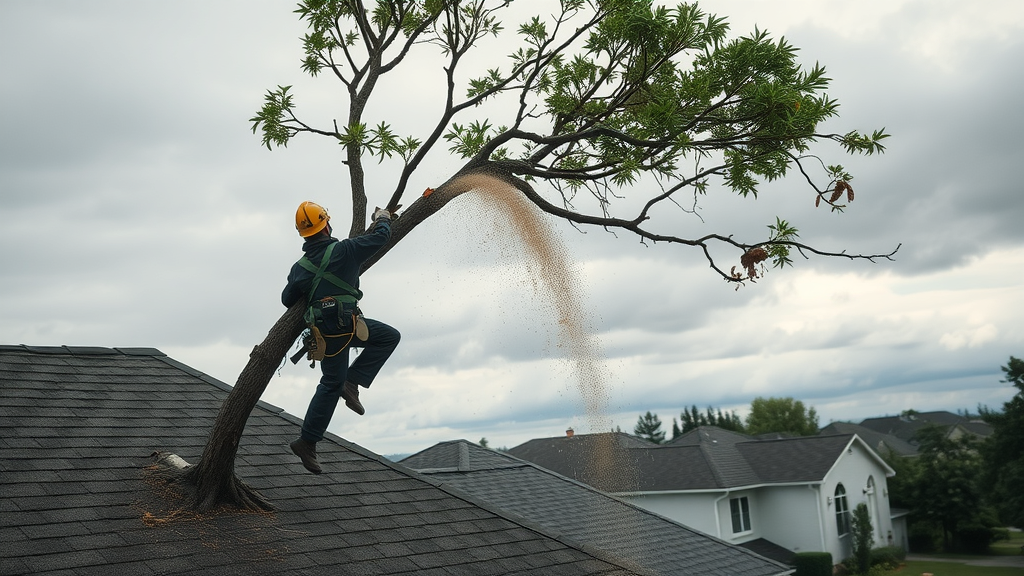 arborist in safety gear removing hazardous limb during summer tree pruning, branch overhanging suburban roof, storm preparation