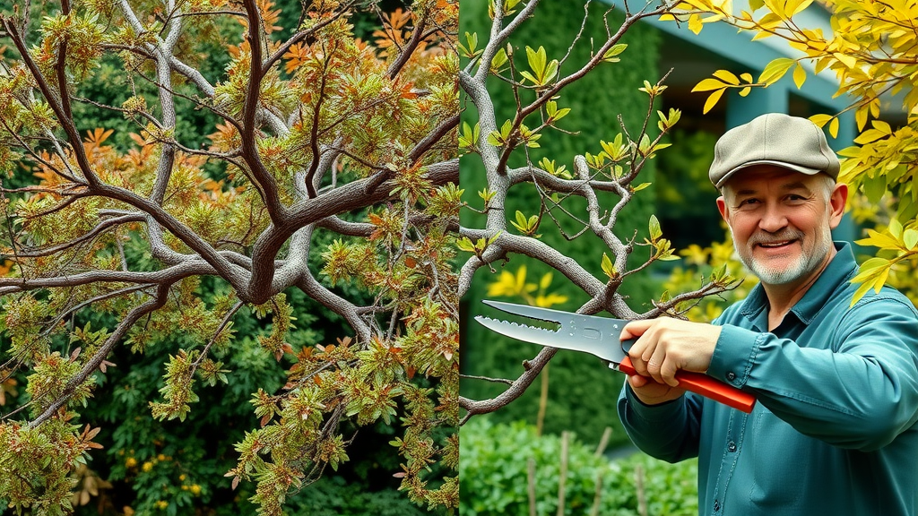 side-by-side comparison of unhealthy overpruned tree and healthy pruned tree, arborist using correct pruning technique in summer