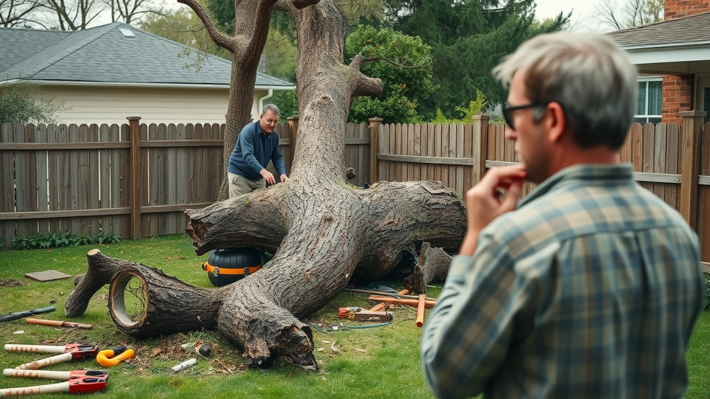 tree cutting accident suburban backyard toppled tree crumpled fence safety gear
