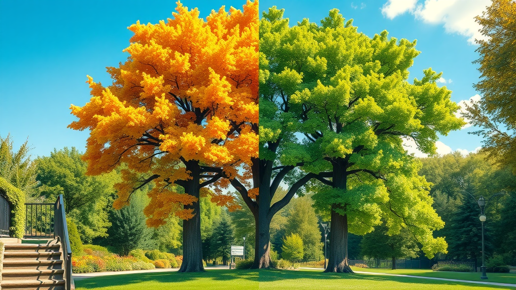 healthy properly pruned tree versus overgrown tree comparison for summer pruning safety tips in a summer garden